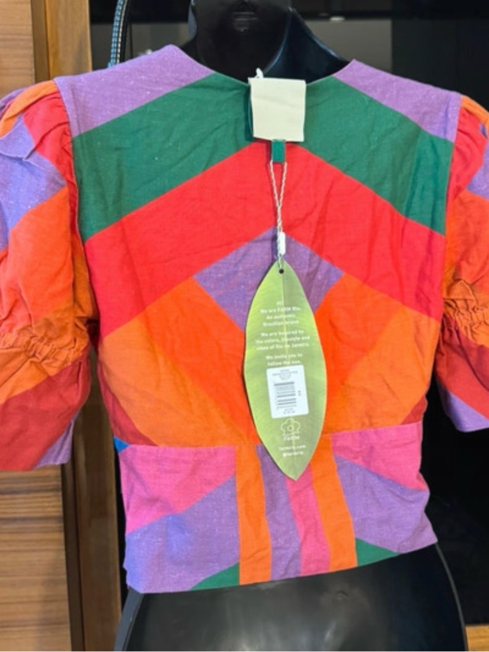 Farm Rio Amanda Stripe Crop V Neck Linen Blouse - Picture 4 of 5